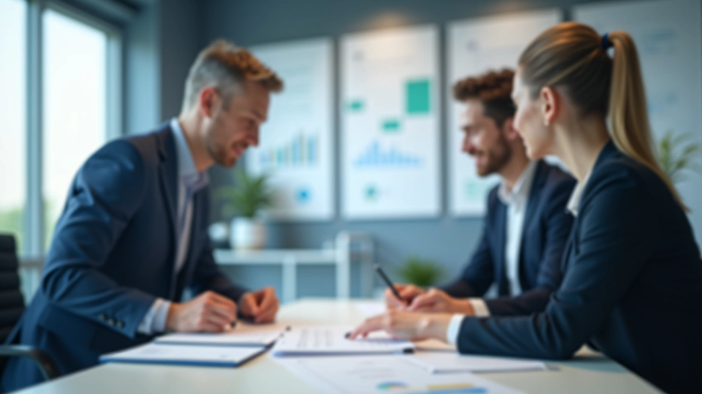 Finansinės komandos nariai biure diskutuoja apie strategiją