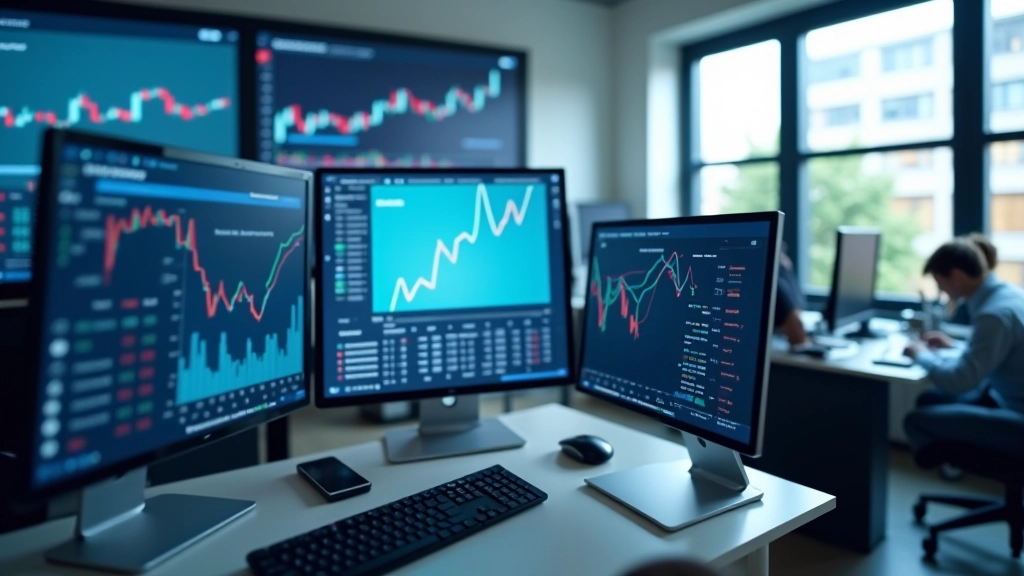 Modernus finansų konsultacijos biuras su kompiuteriais ir grafikais